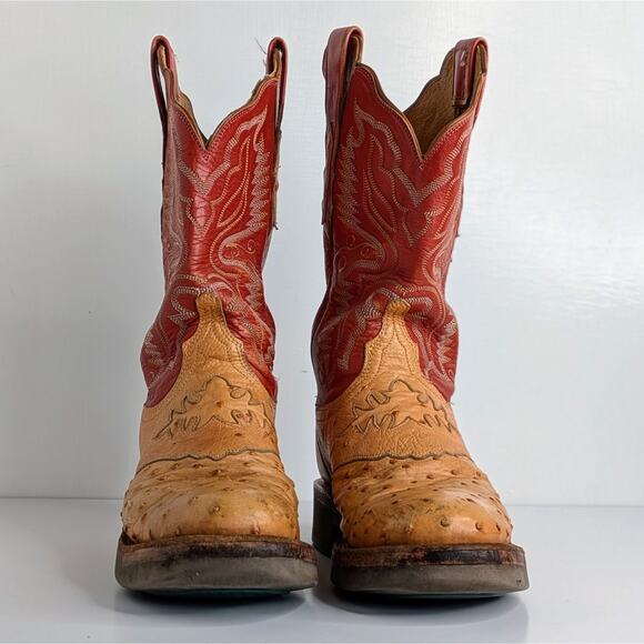 Lucchese Ostrich Goat Skin Boots 7 Red Tan Western Cowgirl Aesthetic Vintage - Picture 5 of 16